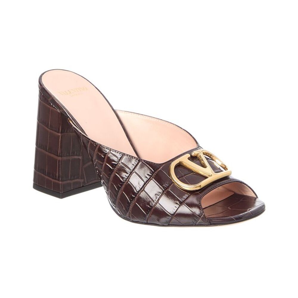 Valentino Vlogo Signature 95 Croc-Embossed Leather Sandal, Brown